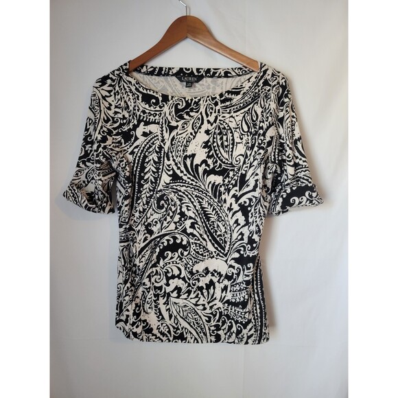 Lauren Ralph Lauren Tops - Lauren‎ Ralph Lauren Women's Black White Paisley Knit Top Blouse Size Large L